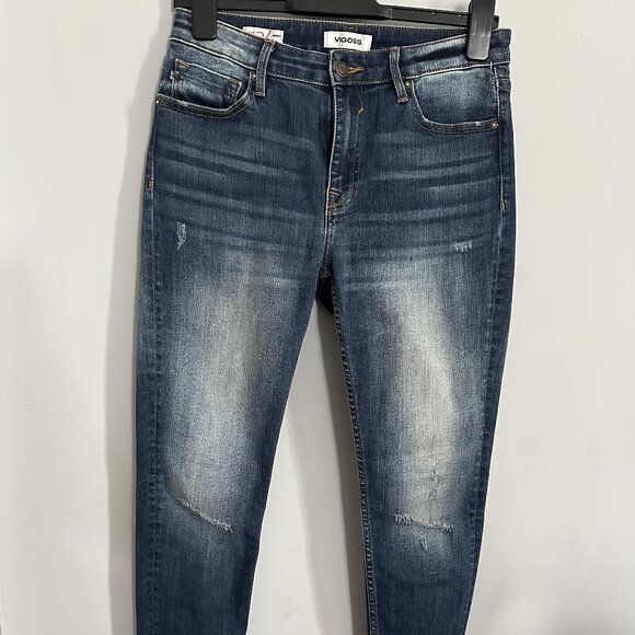 Vigoss Marley Denim Mid Rise Distressed Skinny Jeans Raw Hem Size 29 Dark Wash - Picture 1 of 10